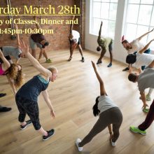 A group of people stand in a circle with one arm raised and the other reaching to the floor. Text on the photo reads Saturday March 28th Full day of classes, dinner and dance 1:45pm-10:30pm